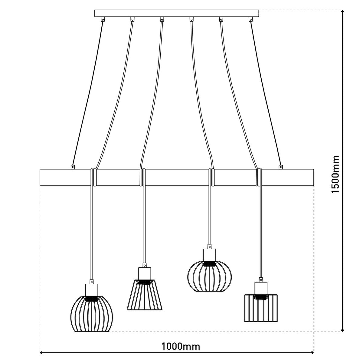 Hanglamp Woodland 4-Lichts Zwart/Hout - 100 cm (E27)