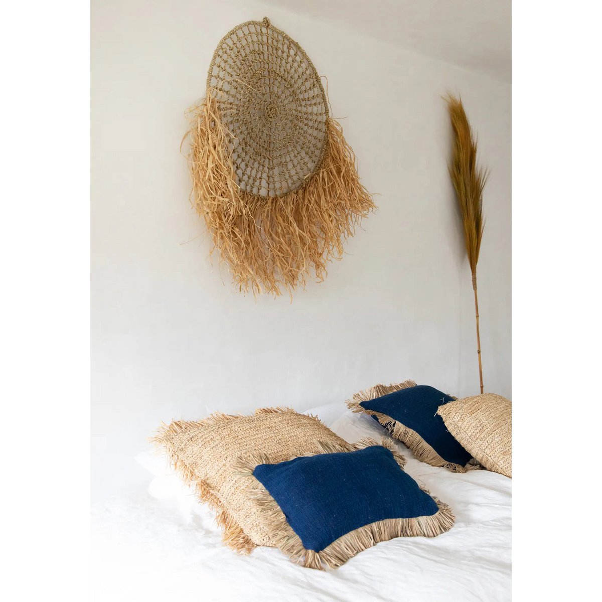 Kussenhoes raffia franjes Boho blauw - 30x50 cm
