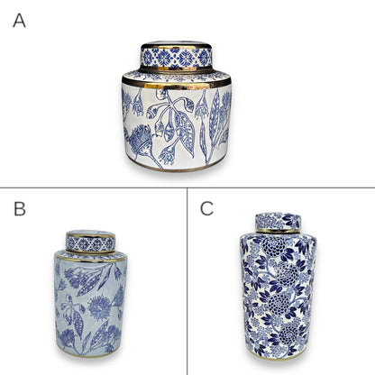 Porseleinen bloemenvaas Aline ginger jar blauw-wit