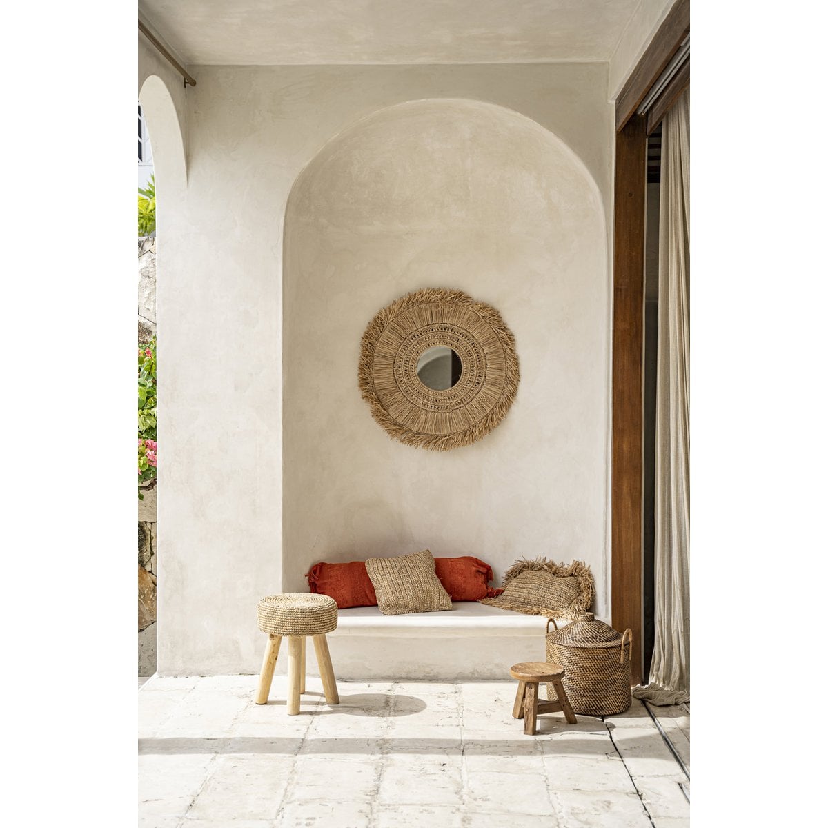 Teak kruk Raffia natuurlijk