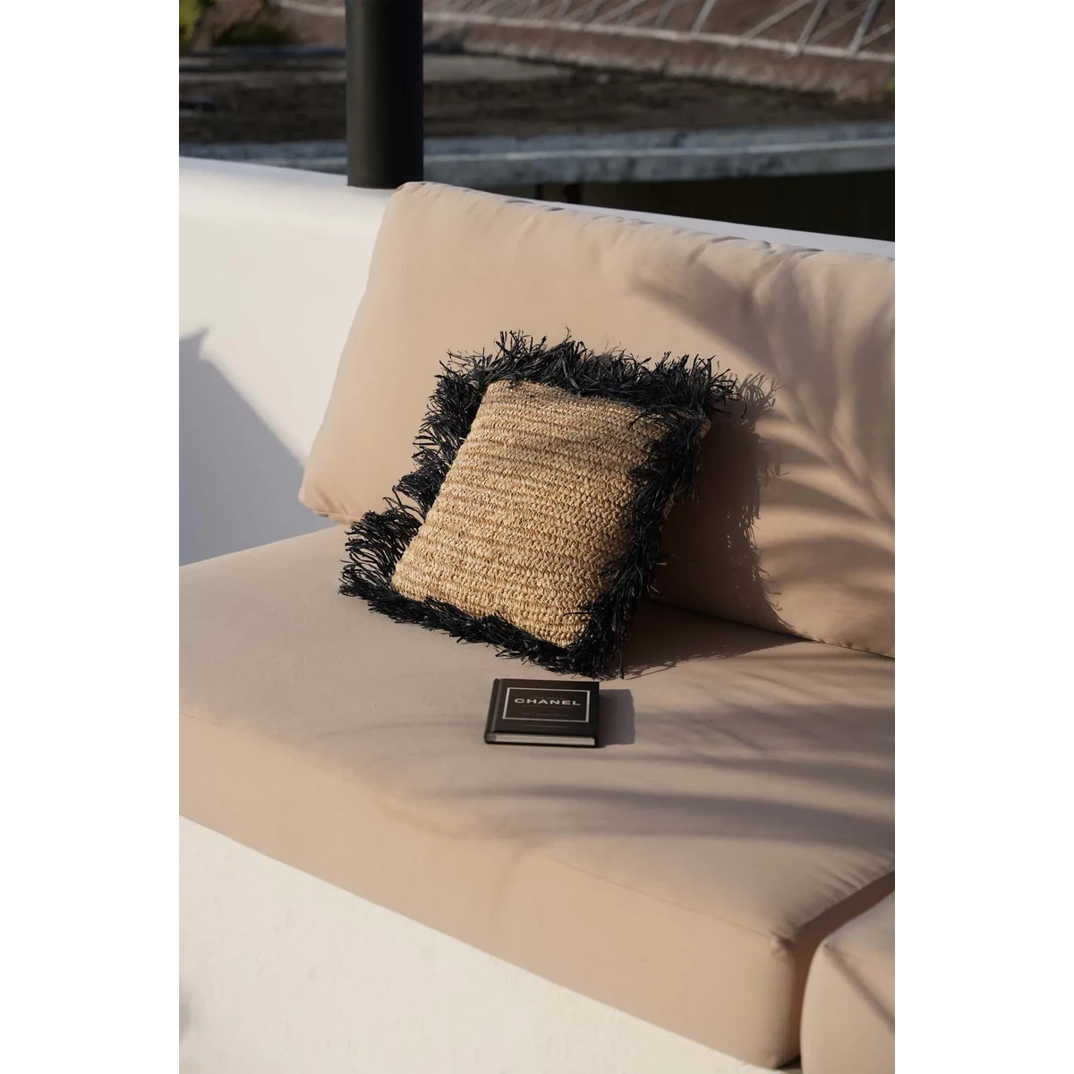 Raffia kussenhoes Raffia naturel/zwart - 40 cm