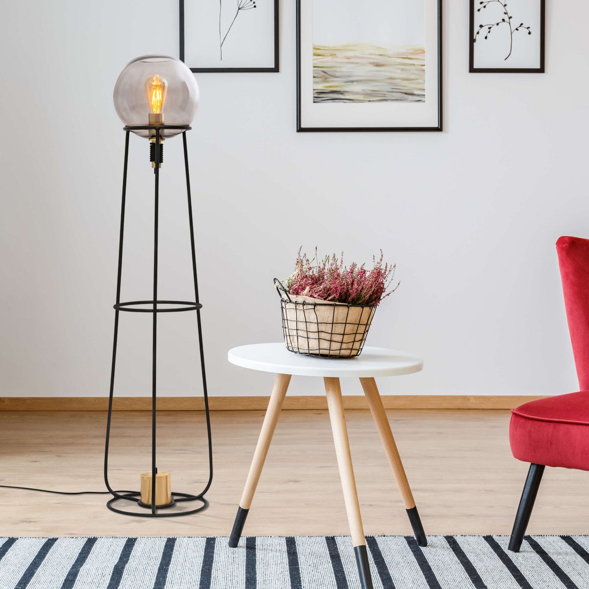 Stapellamp "stelo", moderne vloerlamp gemaakt van zwart metaal en rookglas, E27 - aansluiting, 128,5 cm hoog, voor eetkamer, woonkamer, gang of kantoor, - OutHome