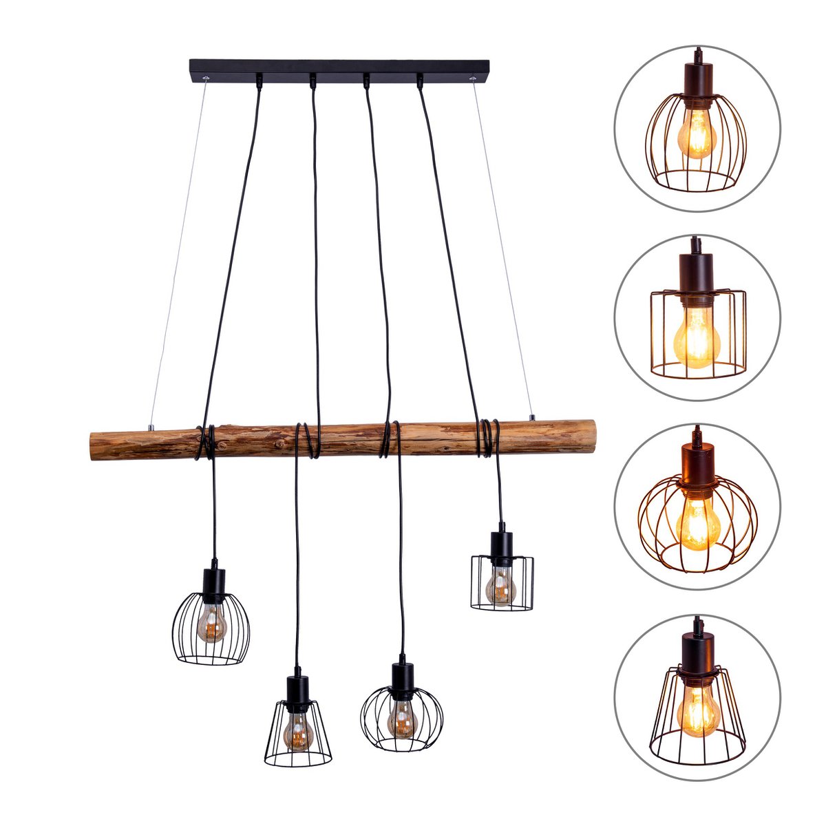 Hanglamp Woodland 4-Lichts Zwart/Hout - 100 cm (E27)