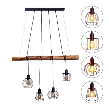 Hanglamp Woodland 4-Lichts Zwart/Hout - 100 cm (E27)