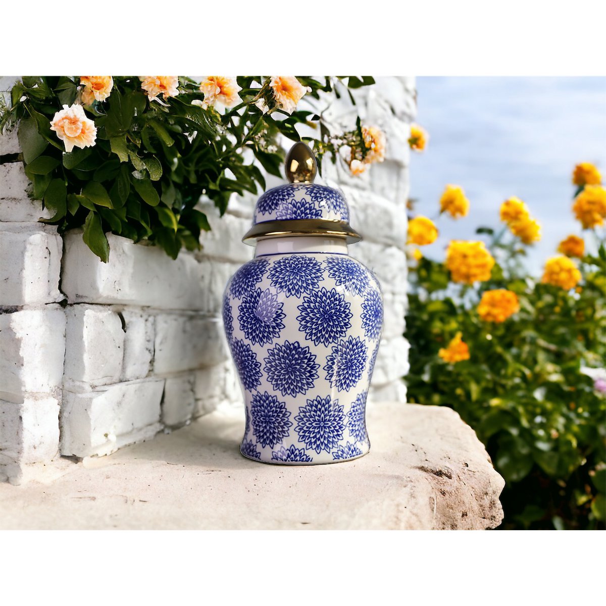 Porseleinen gemberpot Dahlia blauw/wit