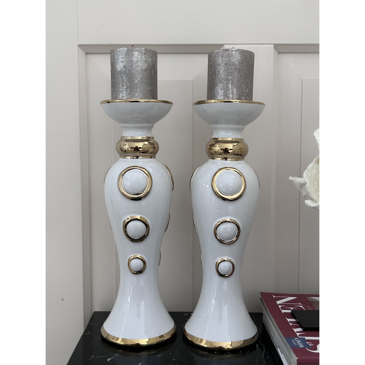 Keramiek kandelaar Cirkelontwerp wit/goud (set van 2)