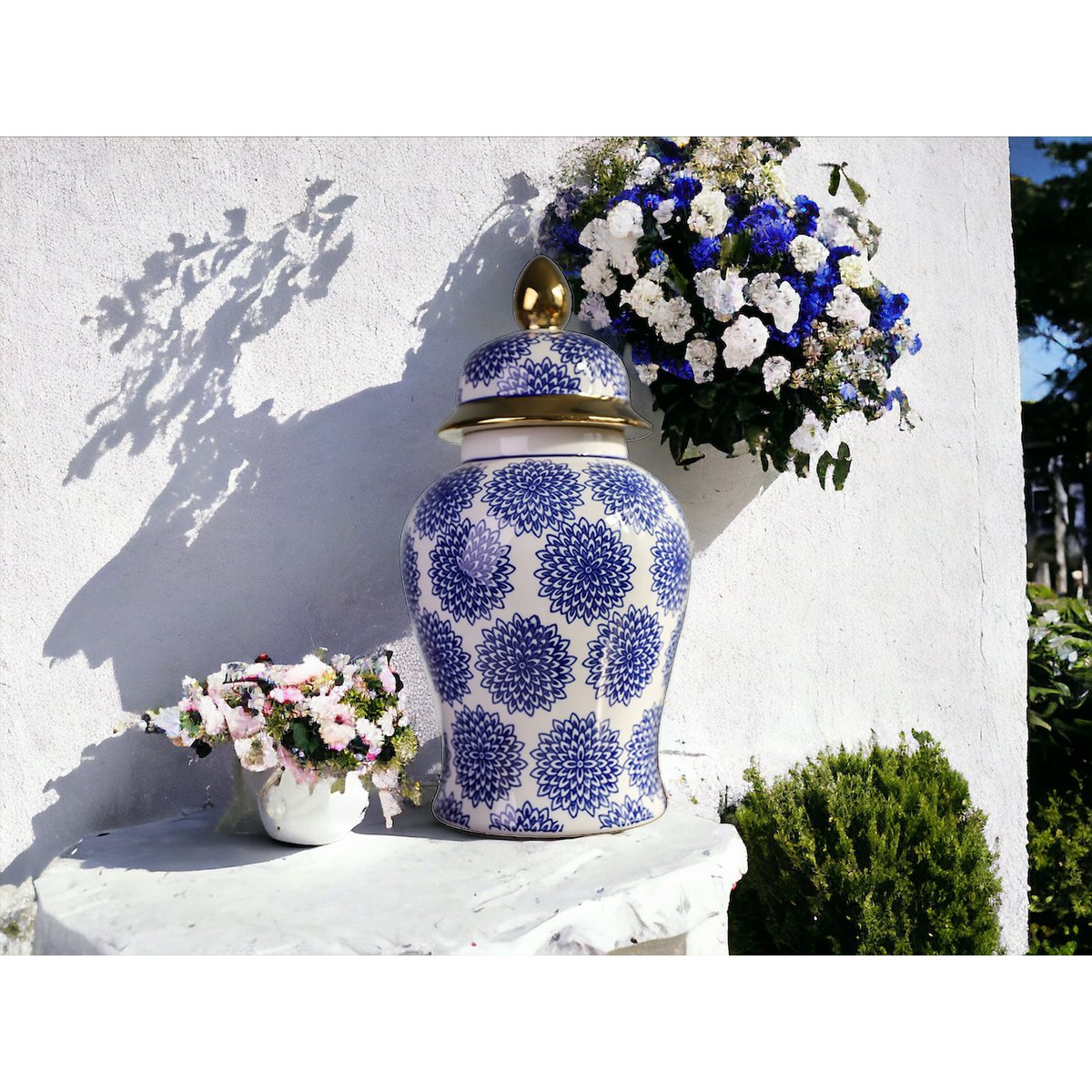 Porseleinen gemberpot Dahlia blauw/wit