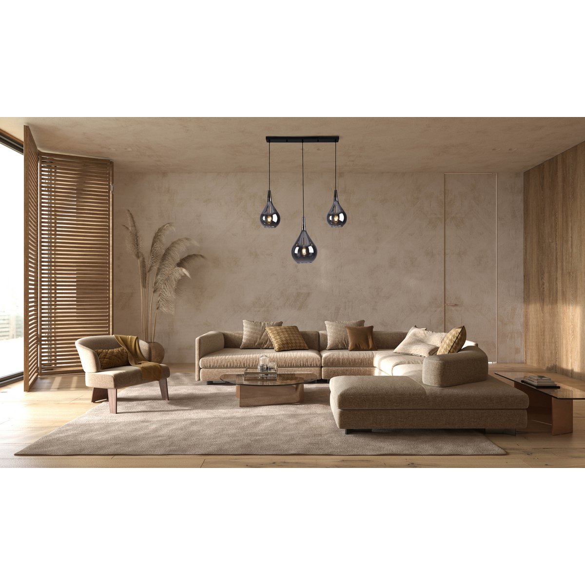 3 - be hanglamp "Gota", retro klassieke hanglamp gemaakt van zwart rookglas met E27 - frames, 88 cm lang, 150 hoog, ideaal voor eetkamer, woonkamer en keuken. - OutHome