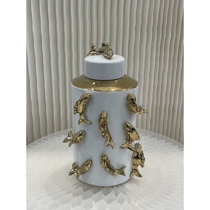 Porseleinen pot Vis witte kot wit/goud - 35 cm