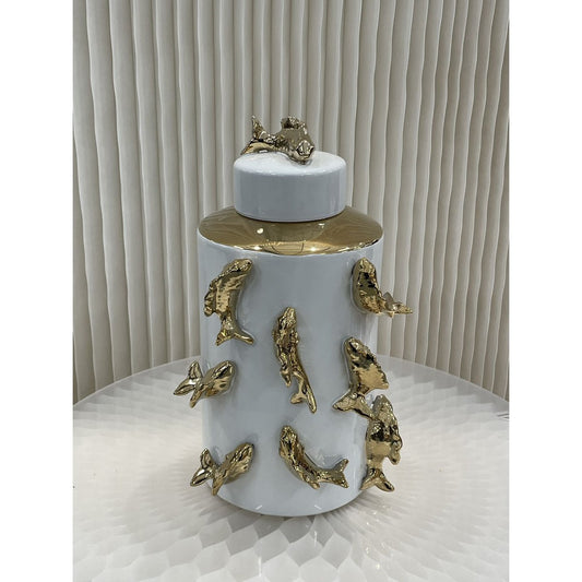 Porseleinen pot Vis witte kot wit/goud - 35 cm