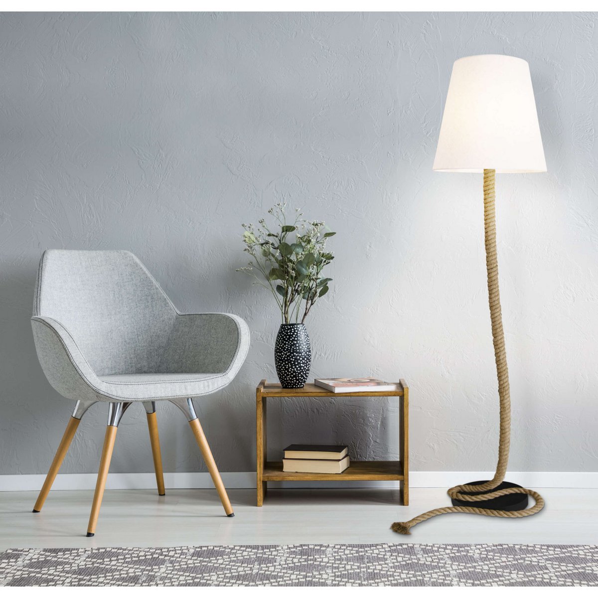 Staande lamp "touw" gemaakt van metaal, plastic, jute en textielmateriaal in de natuur, met E27 - versie, verlichting voor woonkamer, eetkamer of kantoor, 165 cm hoog - OutHome