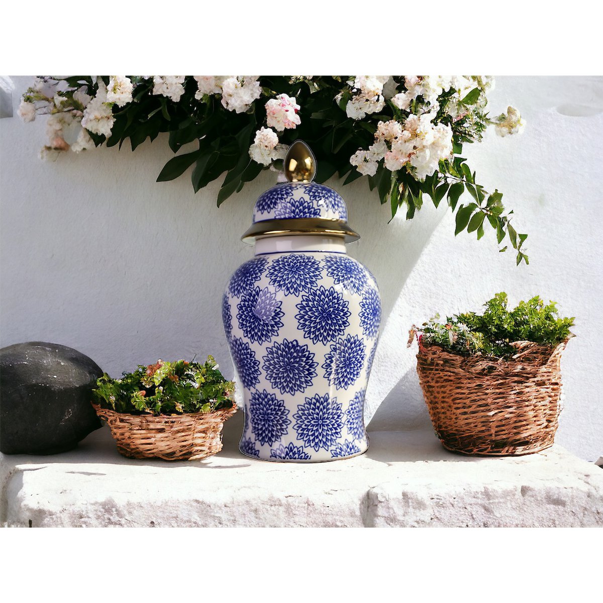 Porseleinen gemberpot Dahlia blauw/wit