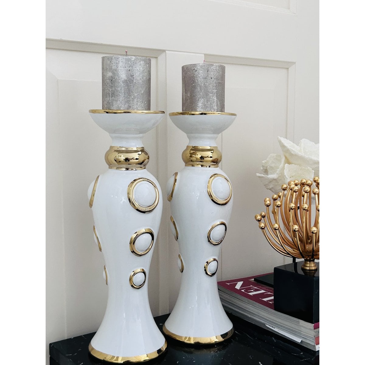 Keramiek kandelaar Cirkelontwerp wit/goud (set van 2)