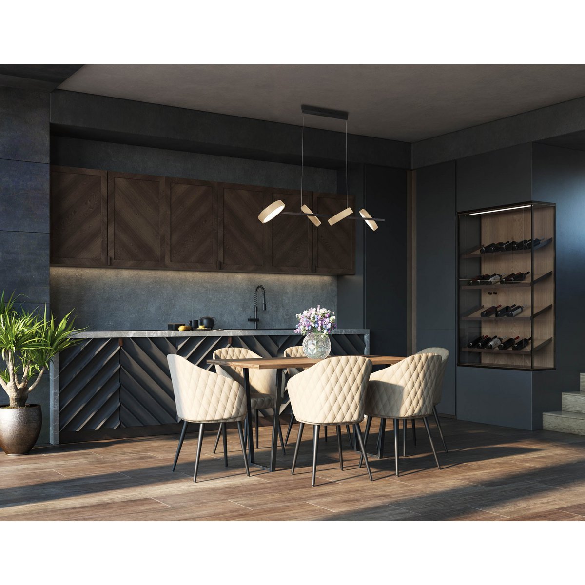 Led hanger lamp "Tessa" amandel, 150 cm hoog, 110 cm lang, gemaakt van metaal in matte amandel (Pantone 481 C) en zwart - wit plastic - OutHome
