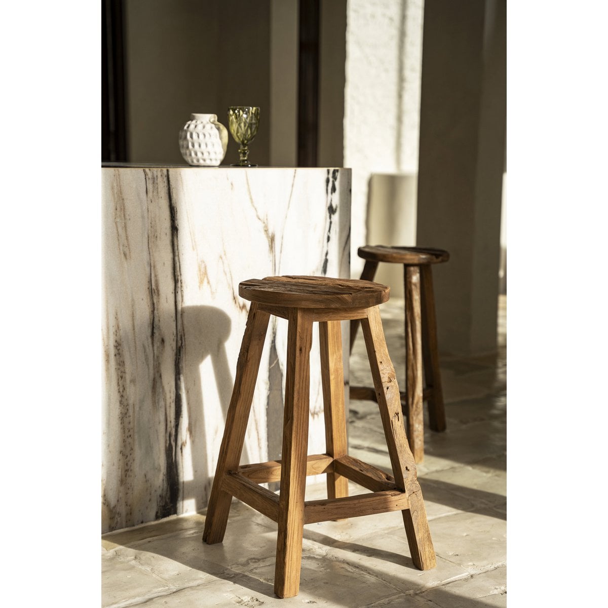 Teakhout barkruk Shibori naturel