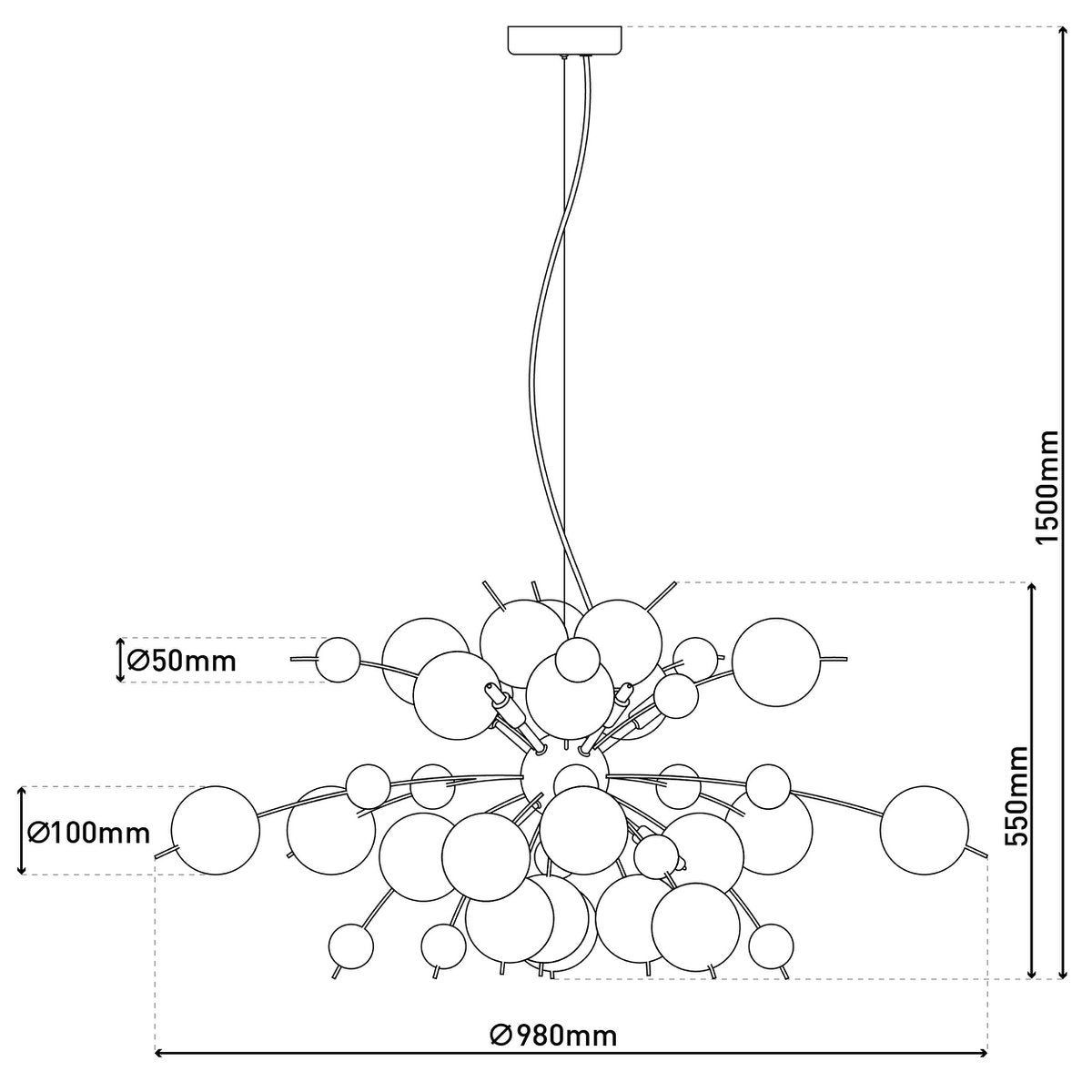 Hanger lamp "explosie" wit, gemaakt van metaal en glas, G9 - versies, hangende lamp voor eetkamer, woonkamer, hal of kantoor, Øca. 98 cm - OutHome