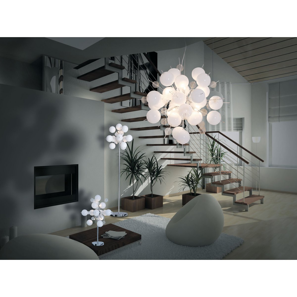 Hanger lamp "explosie" wit gemaakt van metaal en glas, G9 - versies, voor eetkamer, woonkamer, gang of kantoor, hangende lamp ØCA 65 cm - OutHome