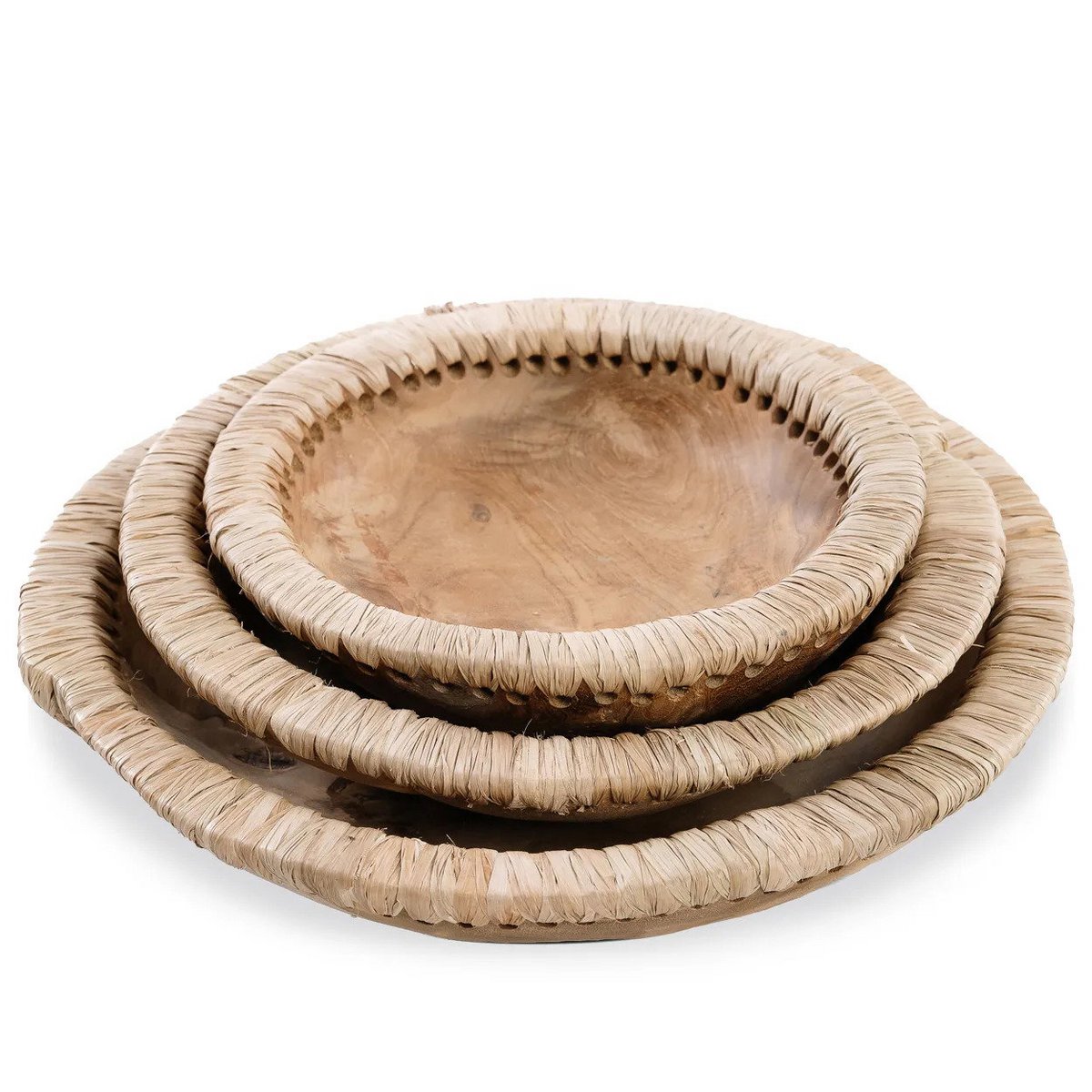 Teakhout en raffia kom Like me naturel - 20 cm
