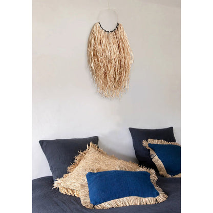 Kussenhoes raffia franjes Boho blauw - 30x50 cm