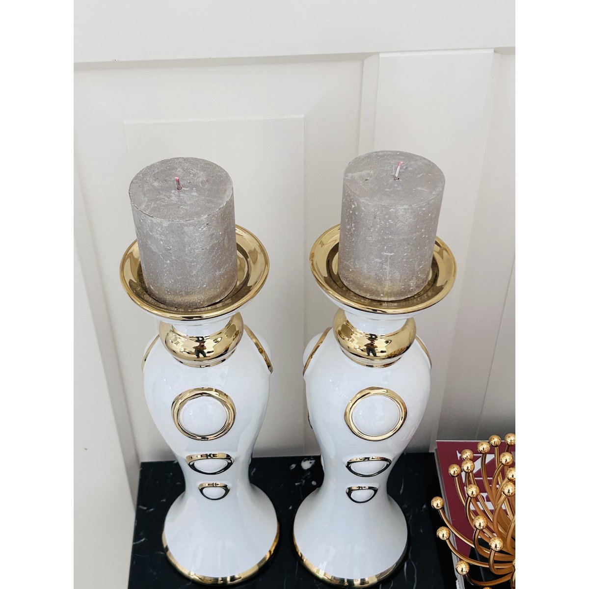 Keramiek kandelaar Cirkelontwerp wit/goud (set van 2)