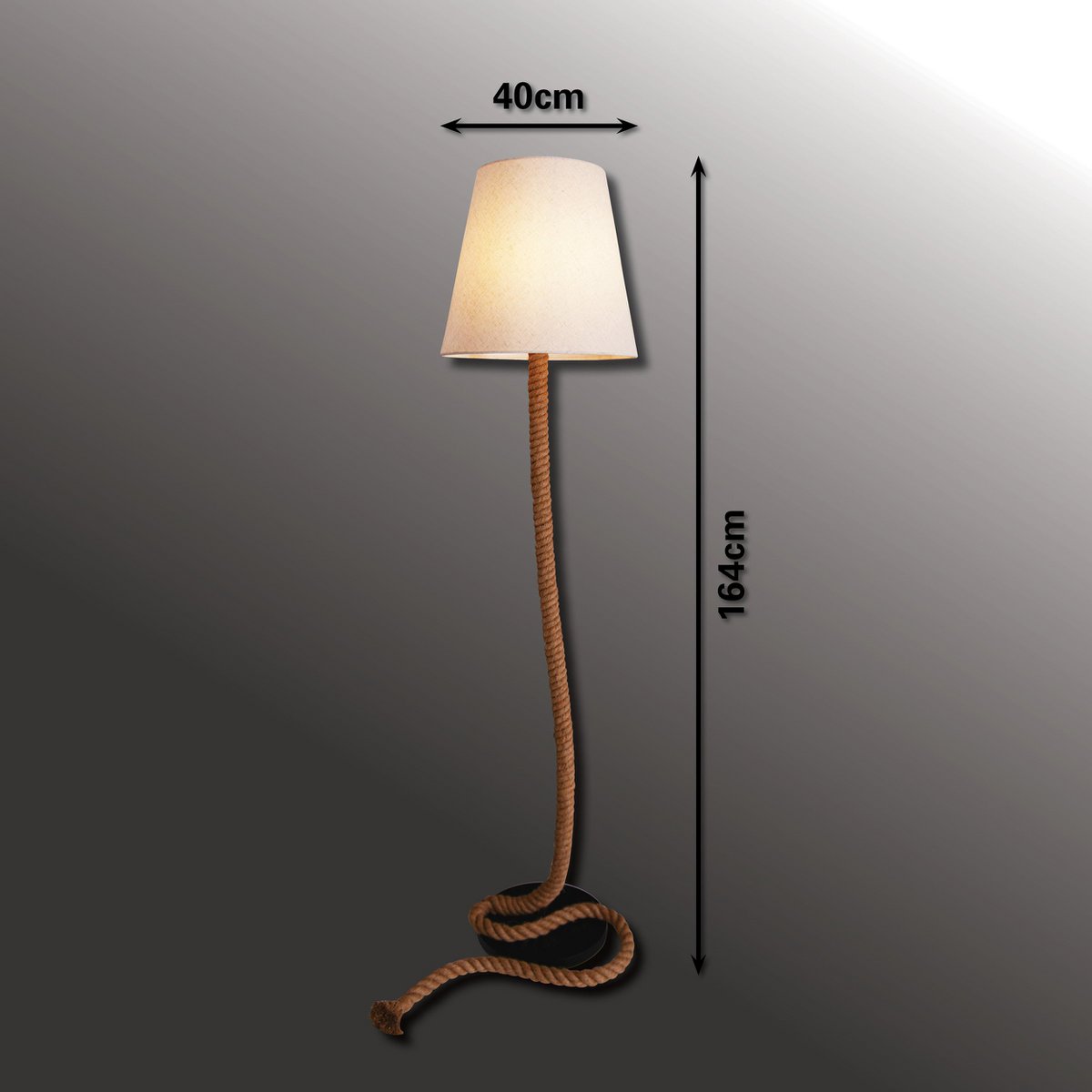 Staande lamp "touw" gemaakt van metaal, plastic, jute en textielmateriaal in de natuur, met E27 - versie, verlichting voor woonkamer, eetkamer of kantoor, 165 cm hoog - OutHome