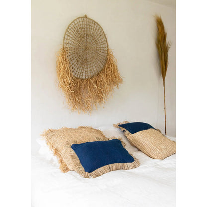 Kussenhoes raffia franjes Boho blauw - 30x50 cm