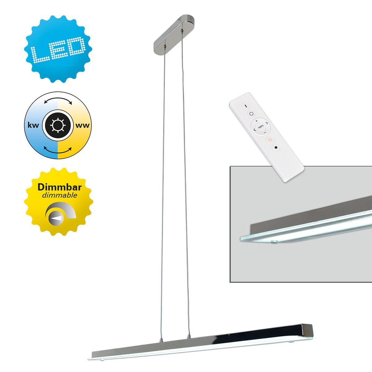 LED hanglamp "balk" in totaal 18W, 100 cm lang, met stevig ingebouwde LED's, dimbaar, kleurtemperatuur verstelbaar, voor eetkamer en kantoor - OutHome