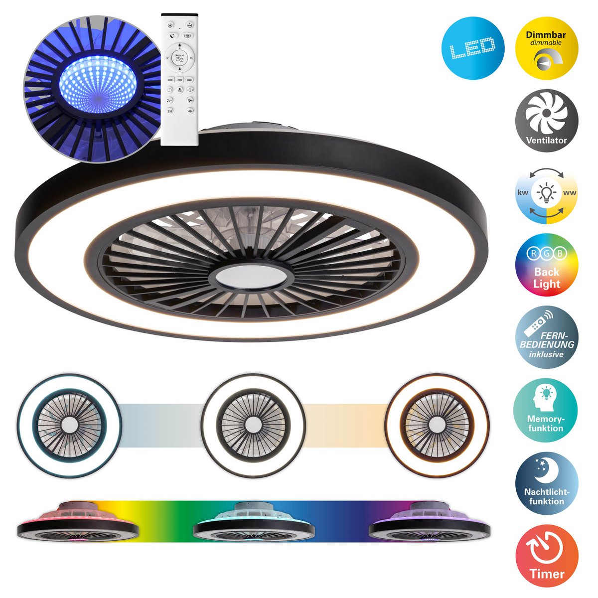 LED Plafondlamp + Ventilator Arrioso - Ø 54 cm