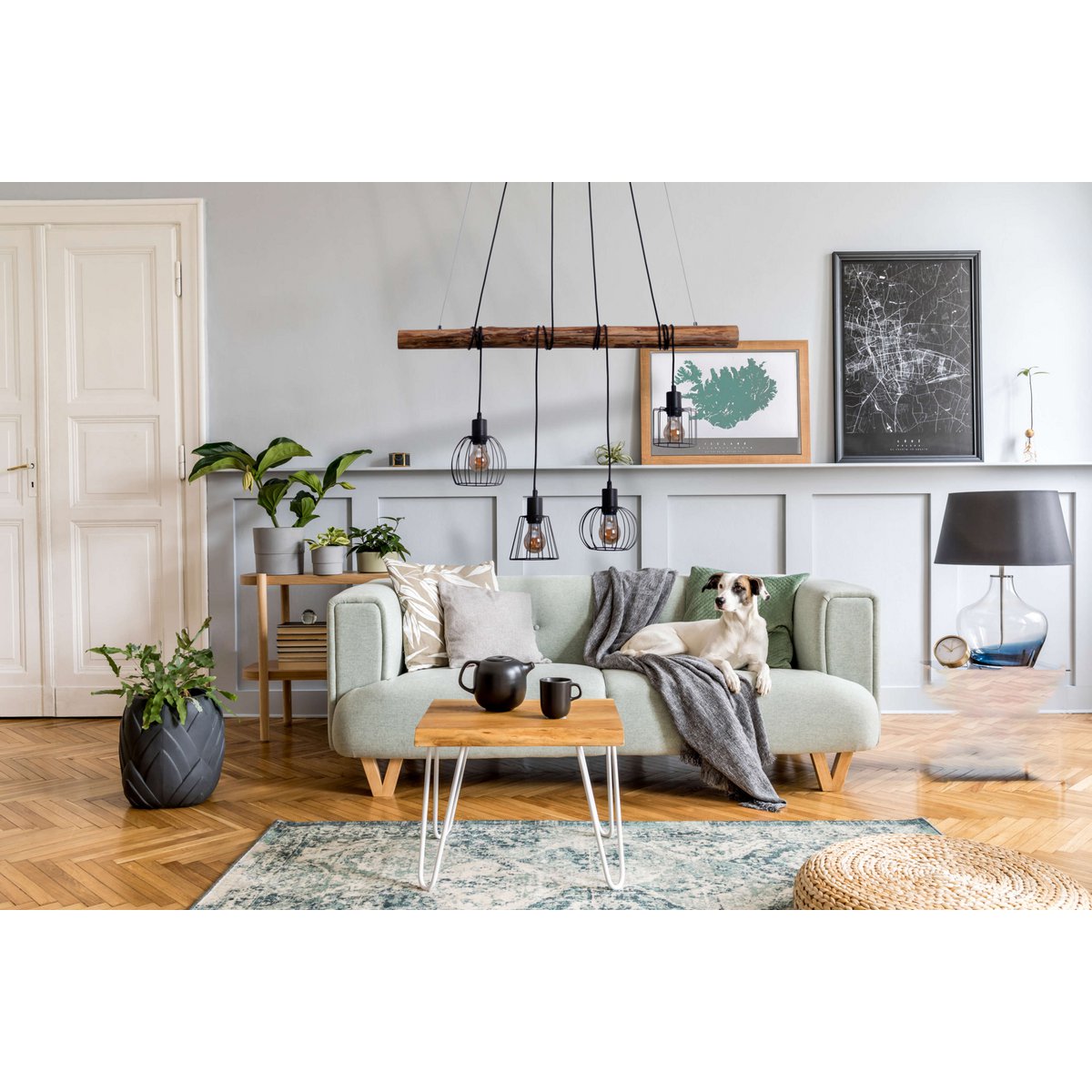 Hanglamp Woodland 4-Lichts Zwart/Hout - 100 cm (E27)
