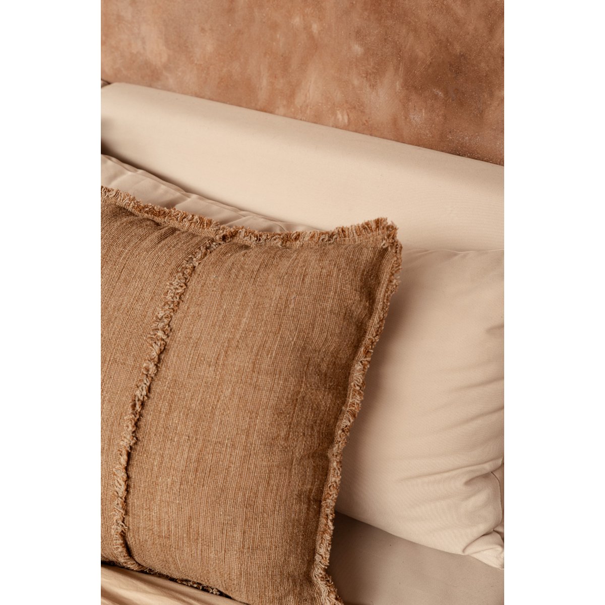 Linnen kussenhoes Sahara fringe bruin - 50x50 cm