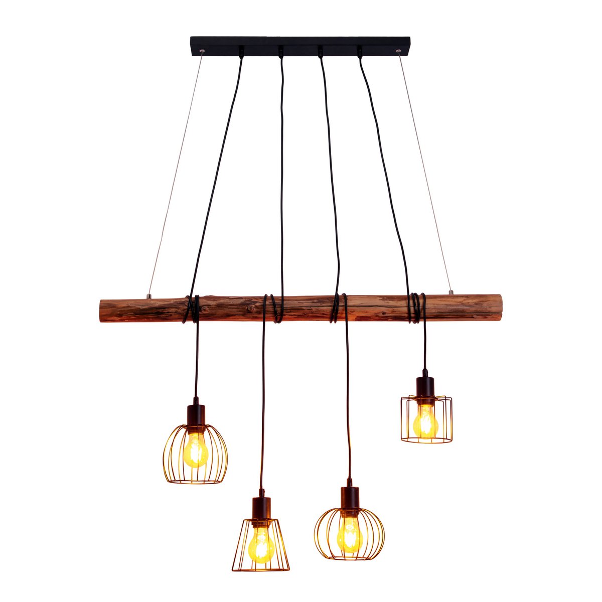 Hanglamp Woodland 4-Lichts Zwart/Hout - 100 cm (E27)