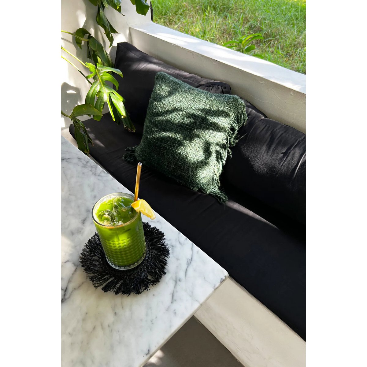 Raffia onderzetter Fringe zwart