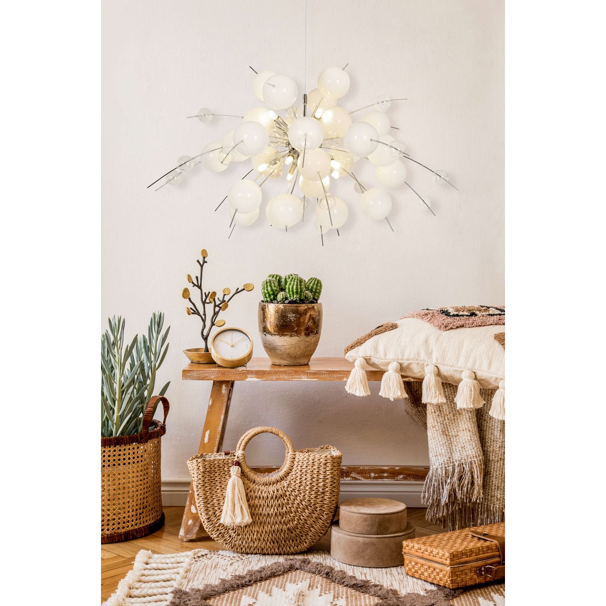 Hanger lamp "explosie" wit, gemaakt van metaal en glas, G9 - versies, hangende lamp voor eetkamer, woonkamer, hal of kantoor, Øca. 98 cm - OutHome