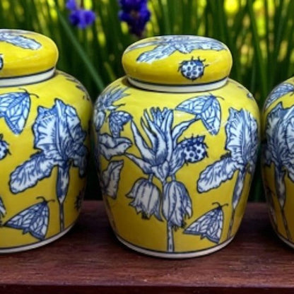 Porseleinen pot handbeschilderd blauw/geel
