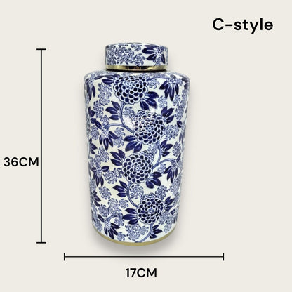 Porseleinen bloemenvaas Aline ginger jar blauw-wit