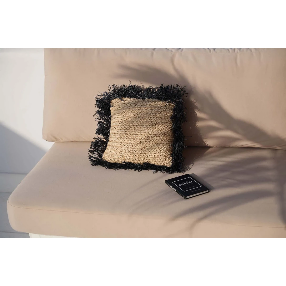 Raffia kussenhoes Raffia naturel/zwart - 40 cm