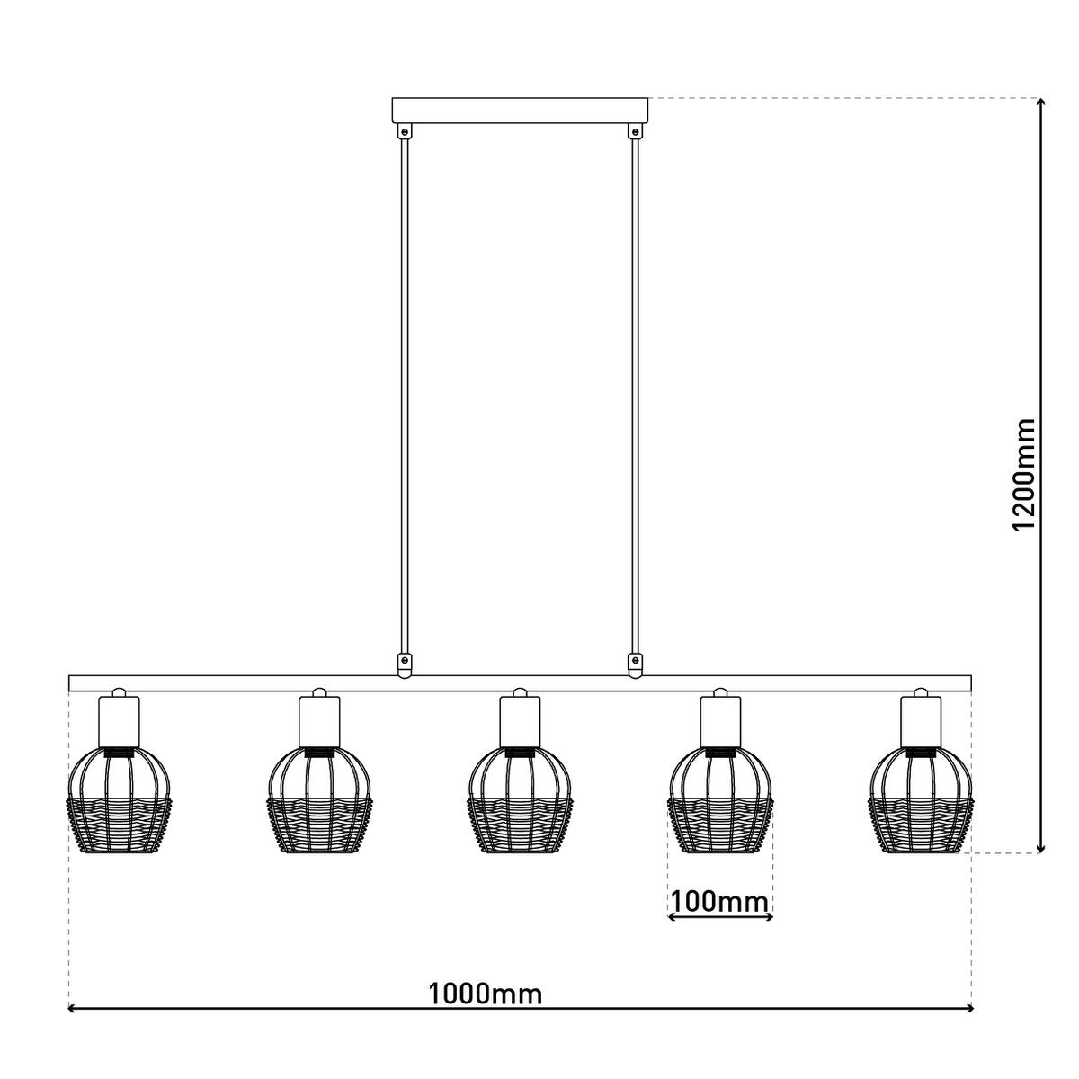 Hanglamp Corbis 5-Lichts Zwart/Rotan - 100 cm (E14)