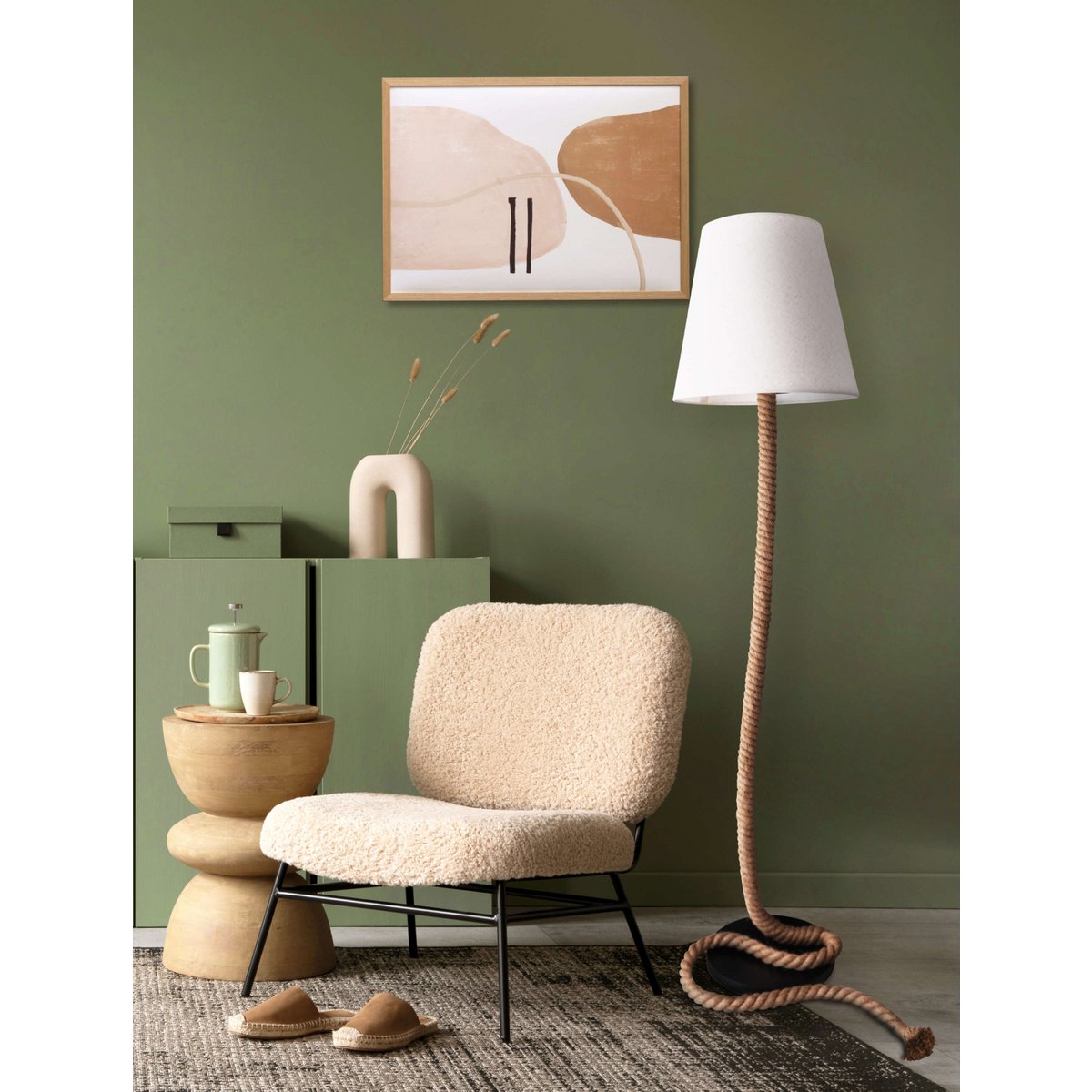 Staande lamp "touw" gemaakt van metaal, plastic, jute en textielmateriaal in de natuur, met E27 - versie, verlichting voor woonkamer, eetkamer of kantoor, 165 cm hoog - OutHome