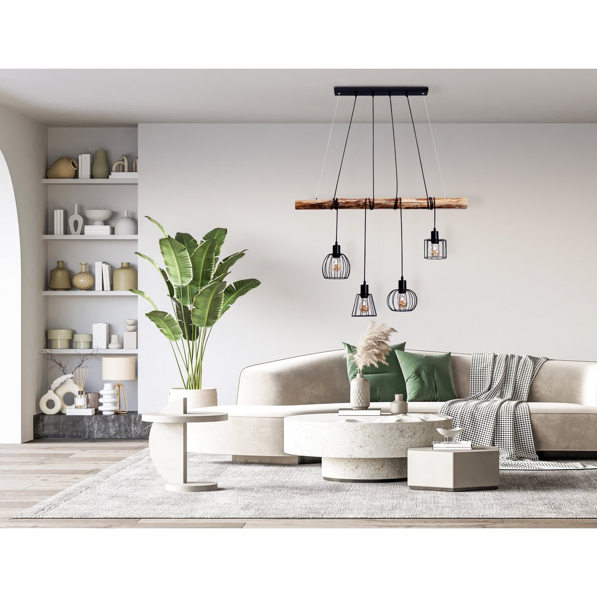 Hanglamp Woodland 4-Lichts Zwart/Hout - 100 cm (E27)