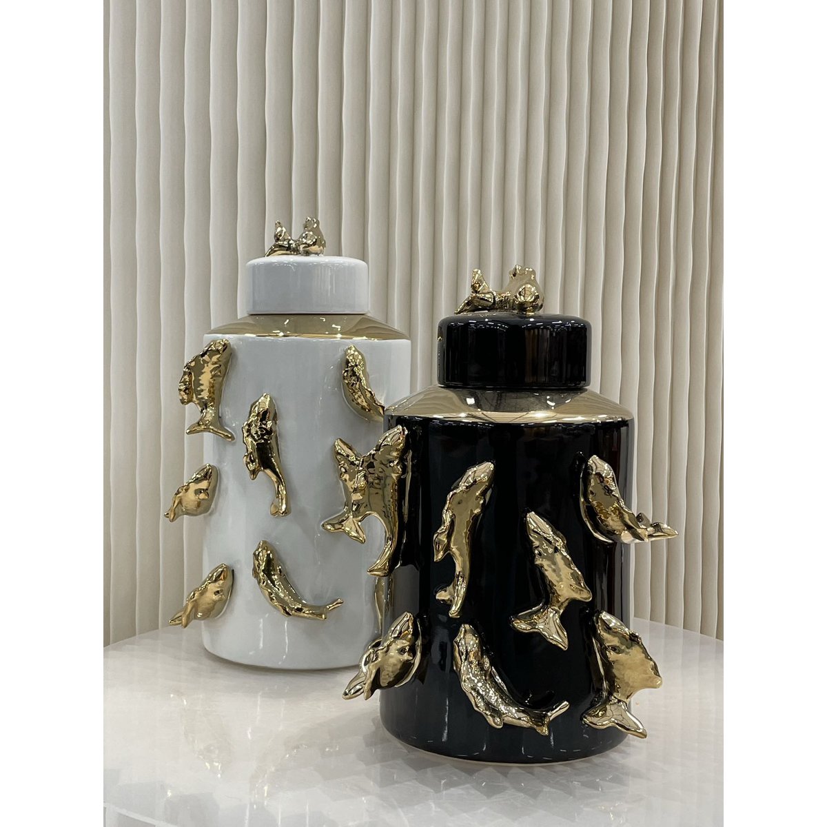 Porseleinen pot Vis witte kot wit/goud - 35 cm
