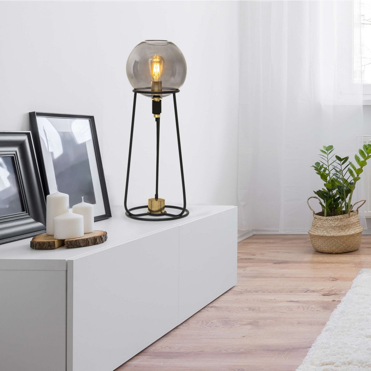 Tafellamp "Stelo", moderne tafellamp gemaakt van zwart metaal en rookglas, E27 - aansluiting, 71 cm hoog, voor eetkamer, woonkamer, gang of kantoor, - OutHome