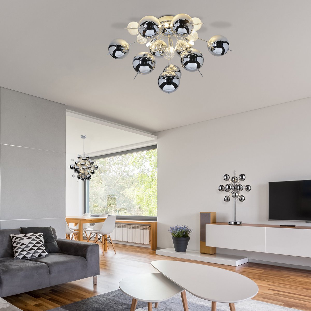 Hanger lamp "explosie" chroom gemaakt van metaal en glas, G9 - versies, hangende lamp voor eetkamer, woonkamer, gang of kantoor, Øca. 65 cm - OutHome