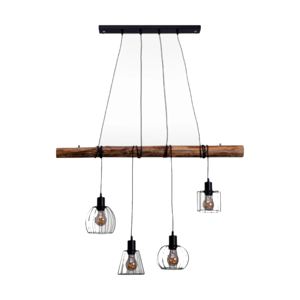 Hanglamp Woodland 4-Lichts Zwart/Hout - 100 cm (E27) productfoto op witte achtergrond