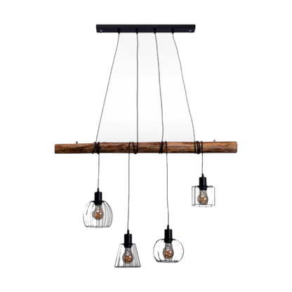 Hanglamp Woodland 4-Lichts Zwart/Hout - 100 cm (E27) productfoto op witte achtergrond