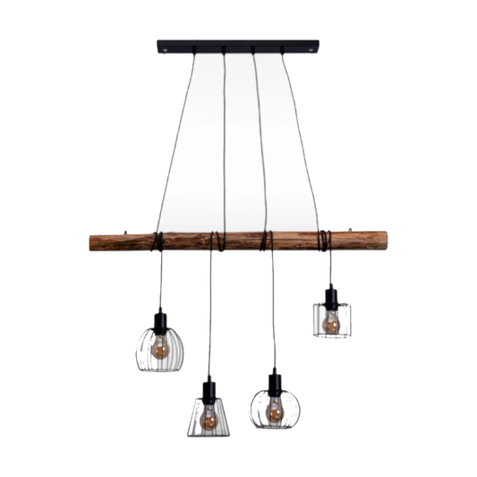 Hanglamp Woodland 4-Lichts Zwart/Hout - 100 cm (E27) productfoto op witte achtergrond