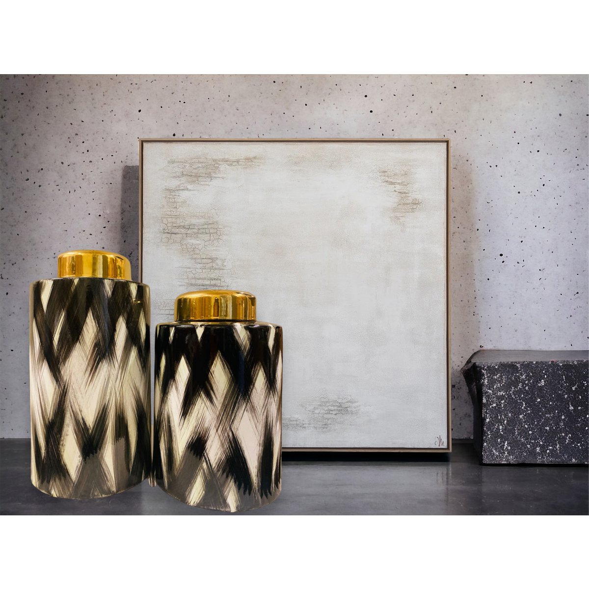 Keramische pot Abstract zwart/wit/goud - groot formaat