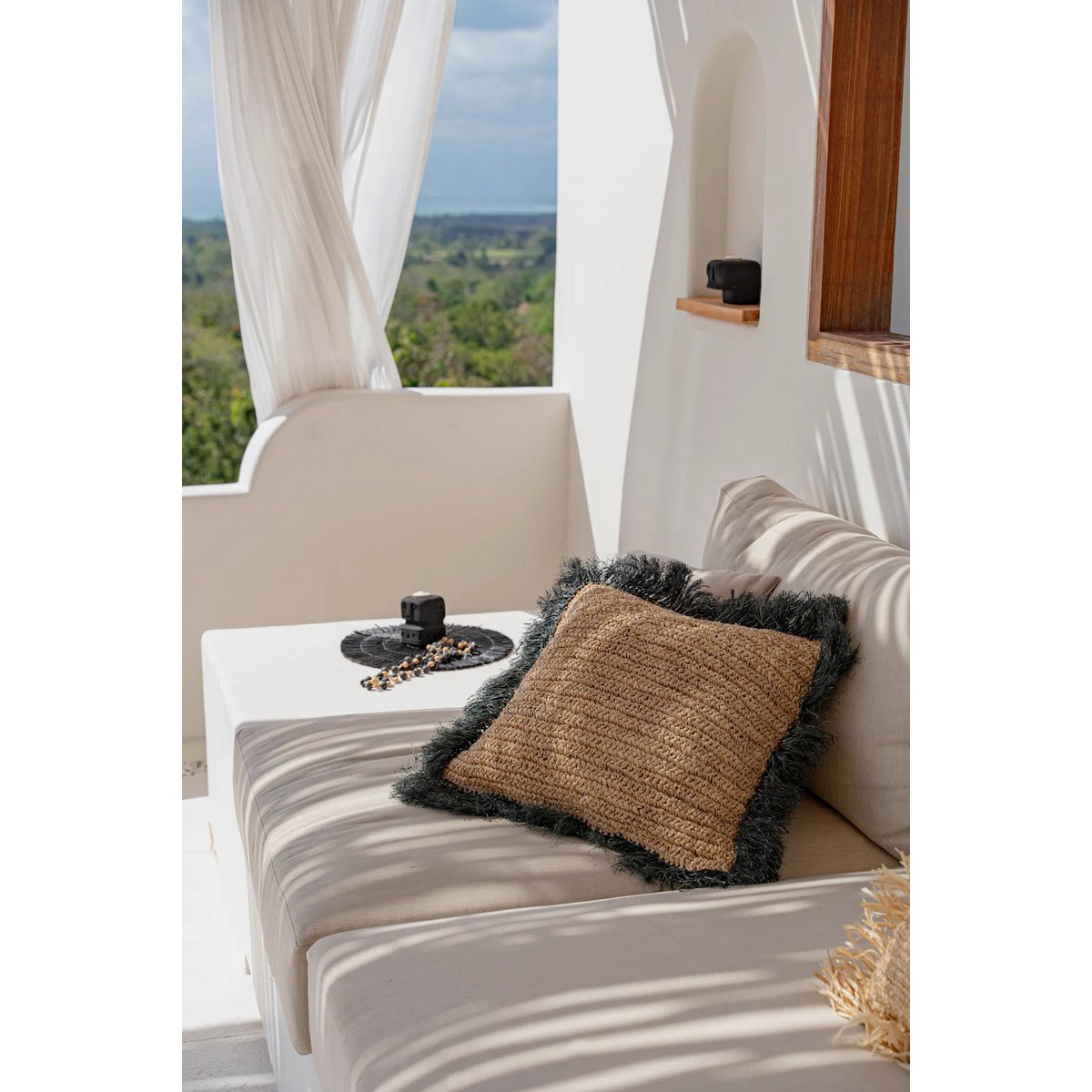 Raffia kussenhoes Vierkant naturel/zwart - 60 cm