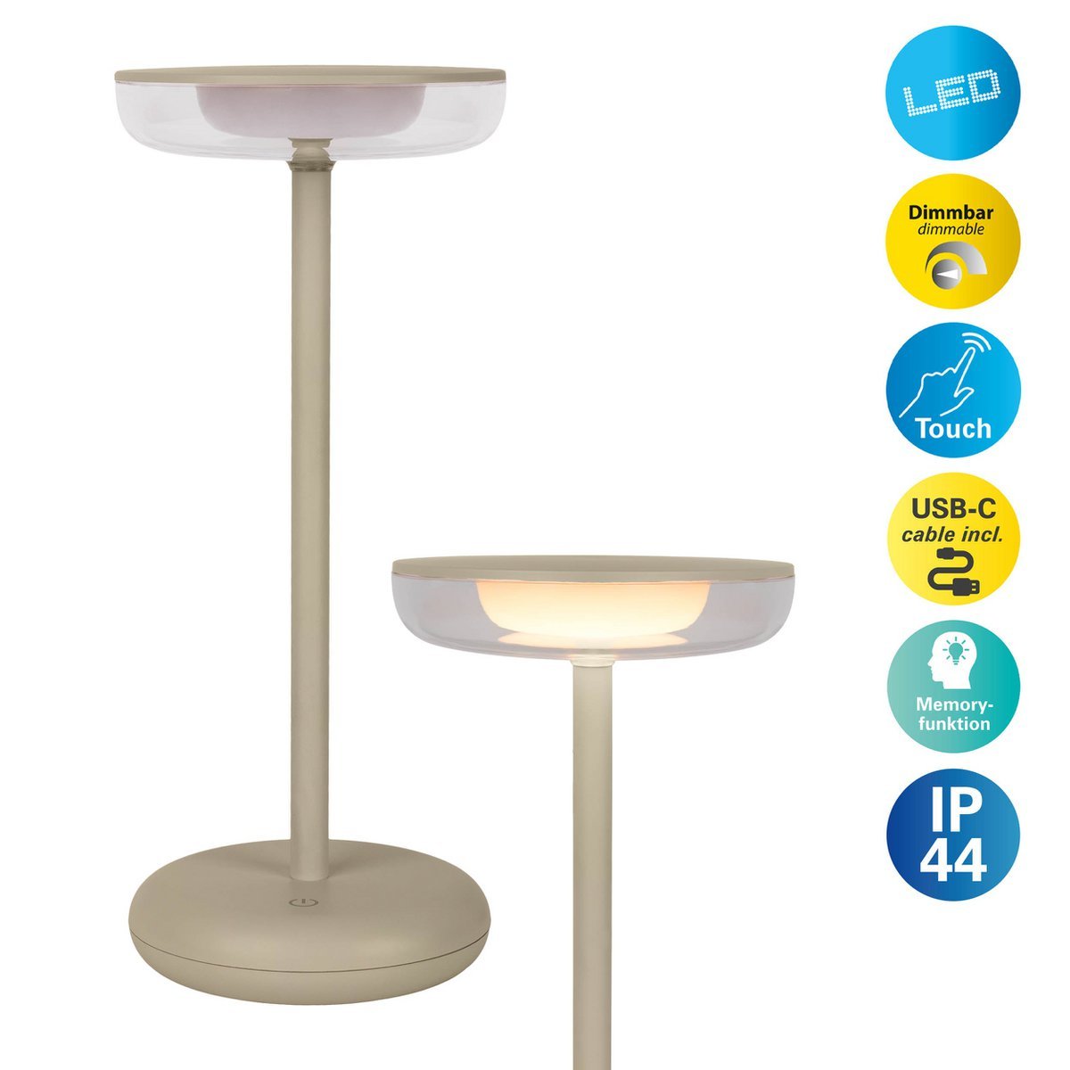 Noteloze tabletlicht "Pasi" voor buiten en binnen, gemaakt van metaal en plastic in beige, dimable, met aanraking en geheugenfunctie, ca. 26 cm hoog - OutHome