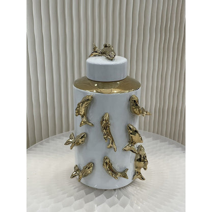 Porseleinen pot Vis witte kot wit/goud - 35 cm