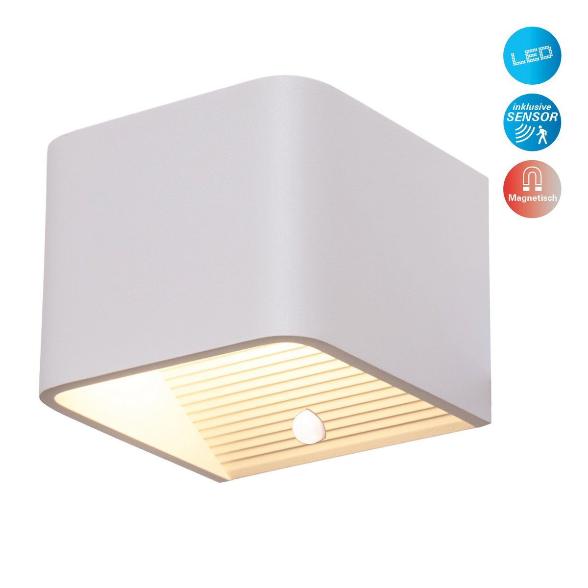 Noteloze wandlicht "kubus" magnetisch, ca. 10 x 10 cm, gemaakt van wit metaal, met bewegingssensor - OutHome